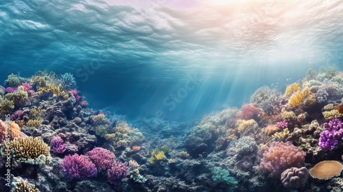 Vibrant coral reef underwater scene with soft sunlight filtering through the ocean surface, showcasing diverse marine life.