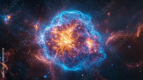 Close-up of a supernova remnant with glowing gases