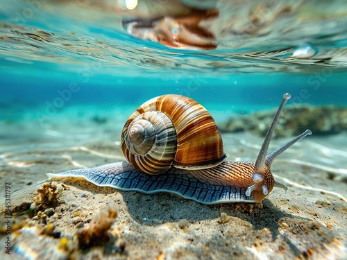 A close-up of a snail crawling on the sandy bottom of a shallow, clear blue ocean.