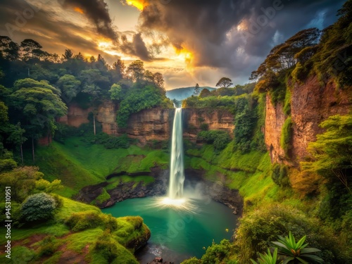 vibrant moody Sipi Falls portrait with dark misty atmosphere warm golden lighting dramatic water flow intense turquoise pool eerie silence solitude peaceful escape photo