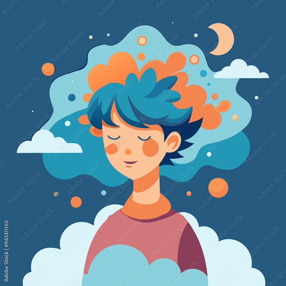 Dreamy Illustration of a Person with Their Head in the Clouds - Serene Print Dreamy Illustration of a Person with Their Head in the Clouds - Serene Print