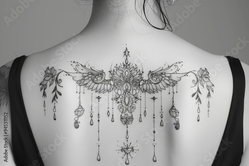 Intricate black and gray winged tattoo decorating a woman's back in a minimalist setting photo