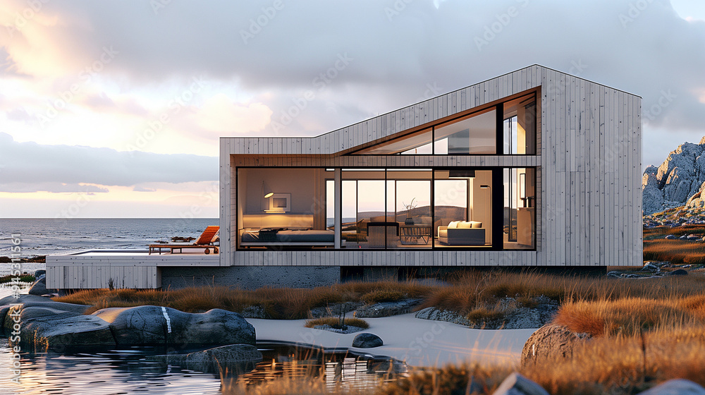 a modern, minimalist beach house surrounded by sand dunes and tall, windswept grasses. The house features large glass windows that allow for an unobstructed view of the beach and ocean a modern, minimalist beach house surrounded by sand dunes and tall, windswept grasses. The house features large glass windows that allow for an unobstructed view of the beach and ocean