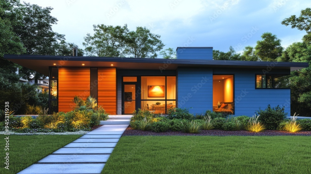 A small blue house with a large porch and a walkway leading to it A small blue house with a large porch and a walkway leading to it