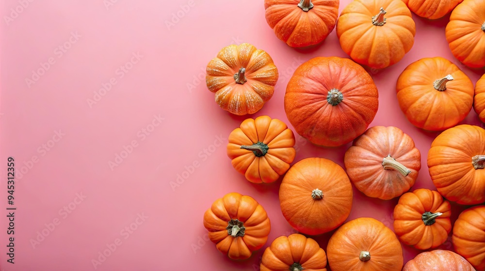 Arrangement of pumpkins on soft pink backdrop for autumn fall and Halloween themes with space for text viewed from above Arrangement of pumpkins on soft pink backdrop for autumn fall and Halloween themes with space for text viewed from above