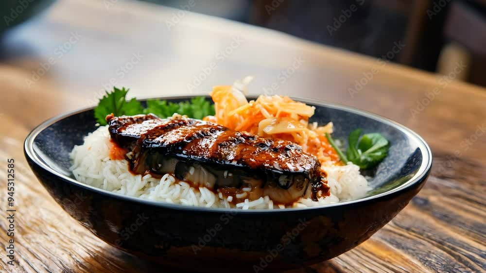 Deliciously glazed fish served over fluffy rice with fresh vegetables in a cozy restaurant setting Deliciously glazed fish served over fluffy rice with fresh vegetables in a cozy restaurant setting