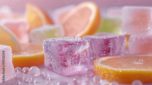 Vibrant gummy bear ice cubes, minimalistic setting, citrus slices, sparkling with water droplets, blending fruitiness with visual appeal. photo