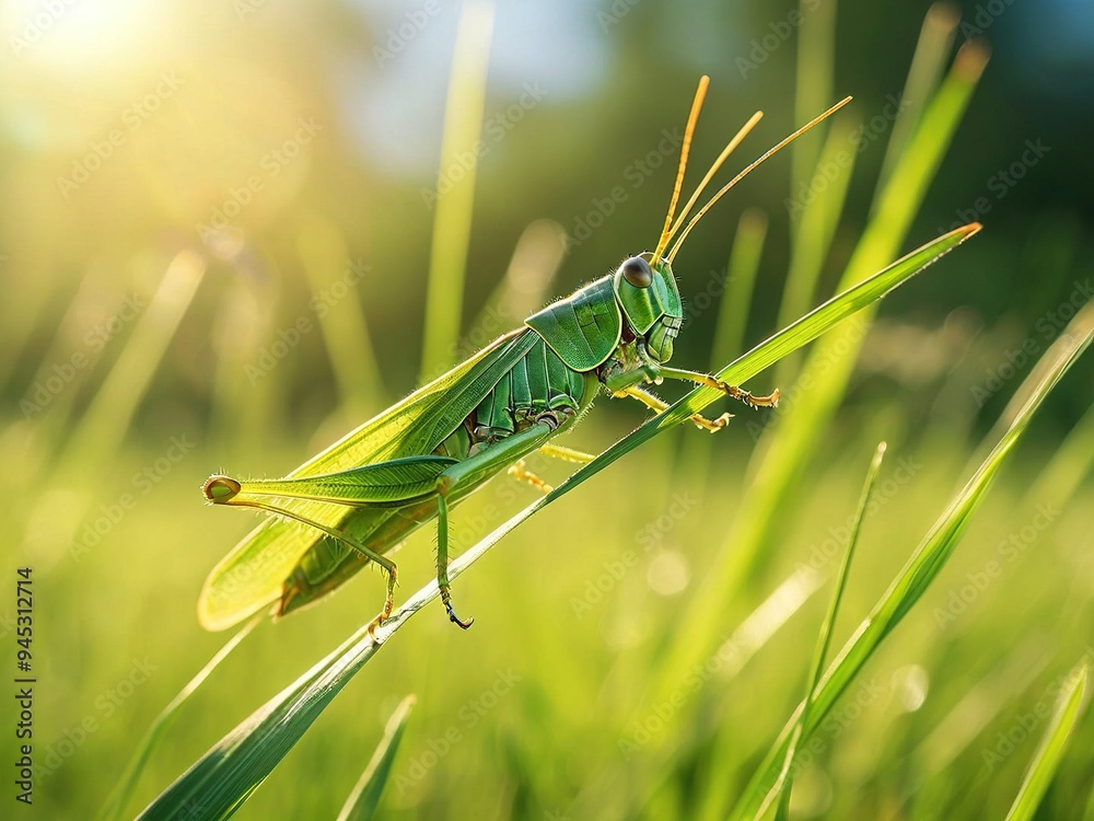 A green grasshopper perches on a blade of grass with a sunlit background. A green grasshopper perches on a blade of grass with a sunlit background.