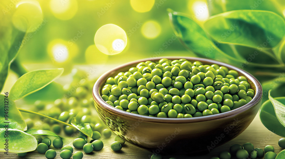 A vibrant illustration of mung beans and their extract, emphasizing their nutritional value and natural freshness