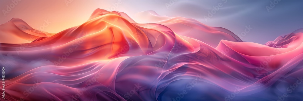 Abstract flowing forms in vibrant pink and orange hues resembling a dreamlike landscape, suitable for artistic backgrounds or creative design projects.