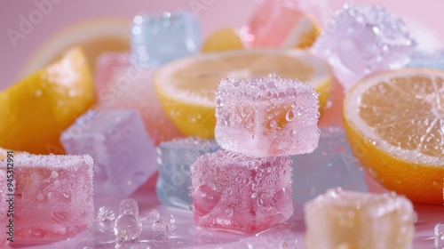 Vibrant gummy bear ice cubes, minimalistic setting, citrus slices, sparkling with water droplets, blending fruitiness with visual appeal.