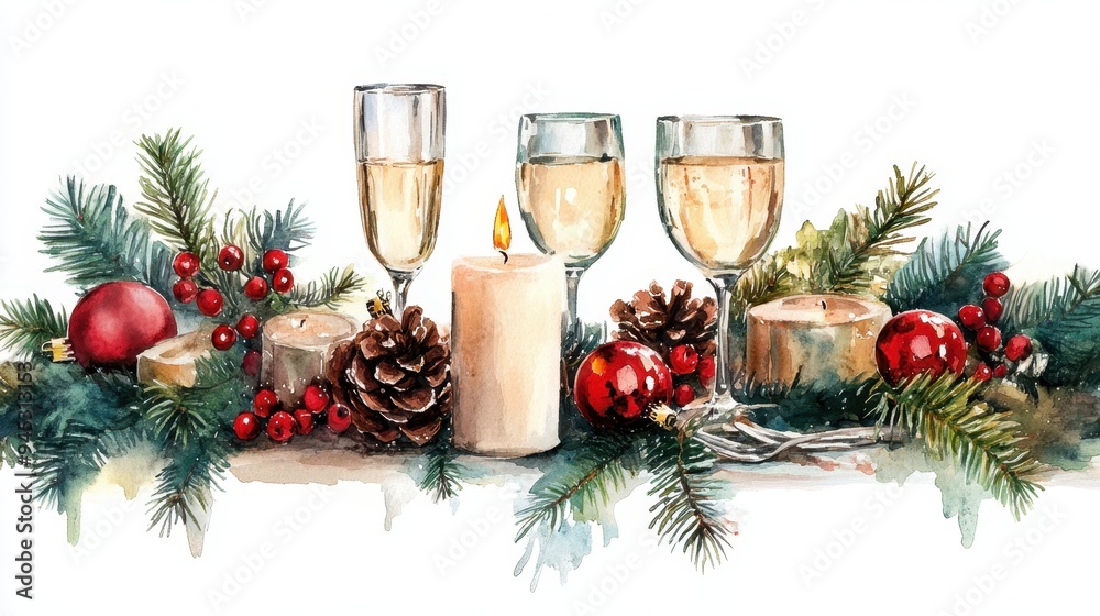 Watercolor Table setting Dinner with candle light and glasses of champagne in christmas dinner,forks, knives, spoons,empty plate,isolated illustration on white background,holiday. Watercolor Table setting Dinner with candle light and glasses of champagne in christmas dinner,forks, knives, spoons,empty plate,isolated illustration on white background,holiday.