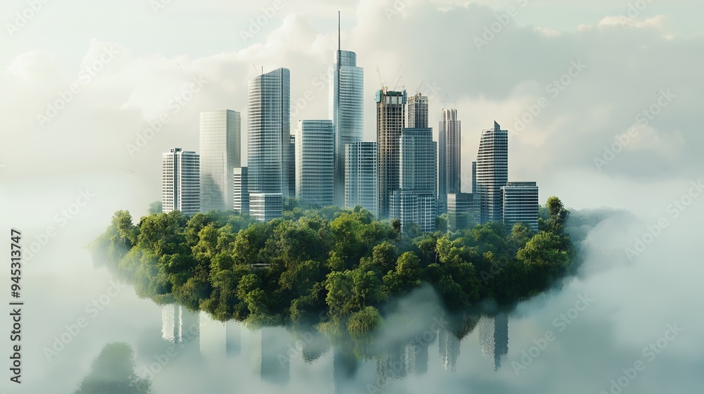 Fototapeta premium A futuristic city emerges from lush greenery, surrounded by mist and water.