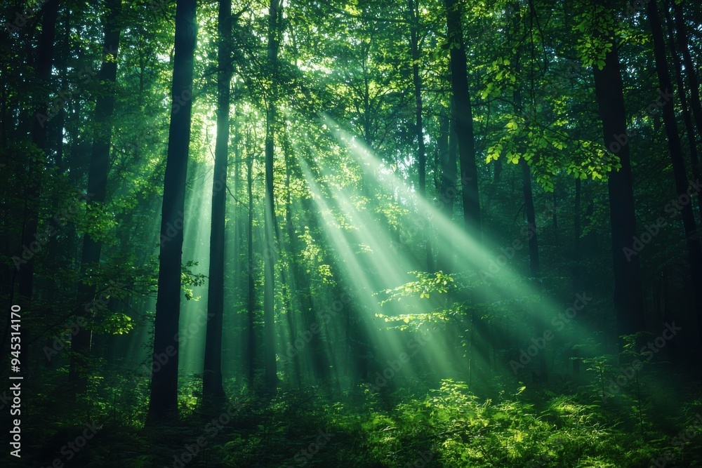 Obraz premium A serene forest scene with sunlight filtering through lush green trees, creating a tranquil and enchanting atmosphere.