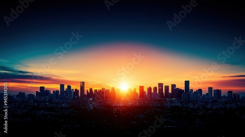 A stunning city skyline at sunset, showcasing vibrant colors and silhouettes of skyscrapers against a twilight sky.