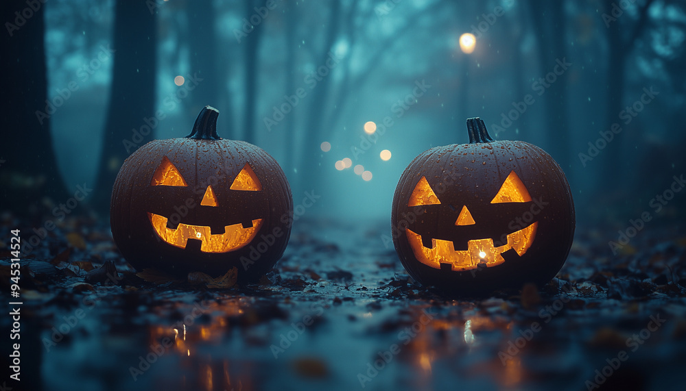Halloween, Sinister Pumpkins with Glowing Eyes and Mouth on the Ground Among Fallen Leaves Halloween, Sinister Pumpkins with Glowing Eyes and Mouth on the Ground Among Fallen Leaves