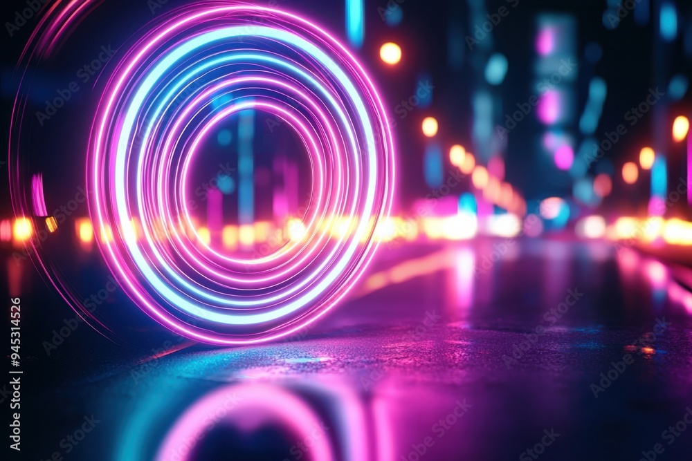 A vibrant digital artwork featuring neon circles and a reflective surface, creating a futuristic urban atmosphere. A vibrant digital artwork featuring neon circles and a reflective surface, creating a futuristic urban atmosphere.
