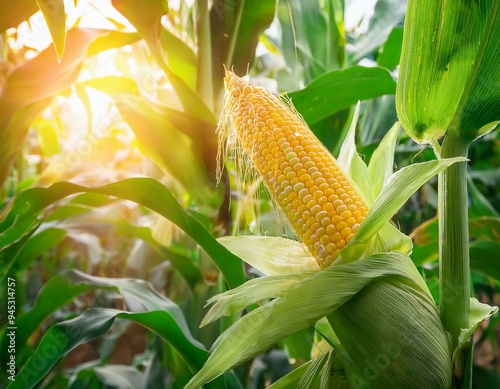 Close-up corn cobs in corn plantation field. ai generated photo