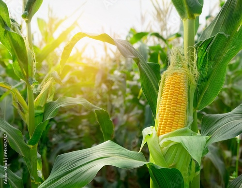 Close-up corn cobs in corn plantation field. ai generated photo