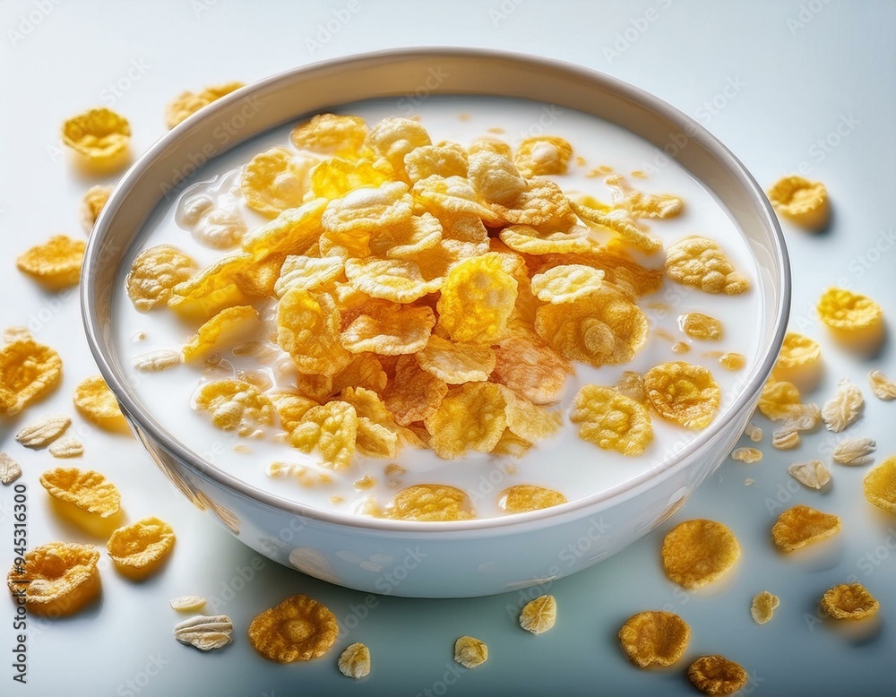 Breakfast cereal. Corn flakes and milk in bowl. ai generated Breakfast cereal. Corn flakes and milk in bowl. ai generated