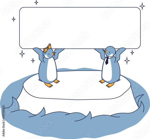 ホワイトボードをかかげる男女のペンギンのアイソメ