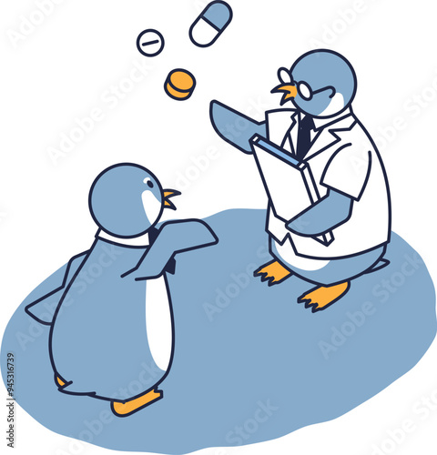 薬剤師と薬の飲み方について話し合うペンギンのアイソメ