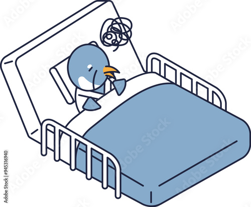 病気になり病院のベッドで過ごす高齢ペンギンのアイソメ
