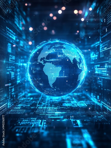 Abstract image of a digital globe surrounded by policy documents, concept of global economic governance