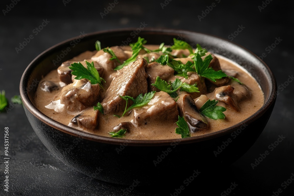 A bowl of creamy mushroom and meat stew garnished with fresh parsley. A bowl of creamy mushroom and meat stew garnished with fresh parsley.