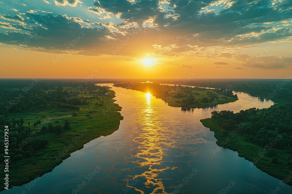 Fototapeta premium Sunrise or sunset Over a River Nile and Lush Green trees in a Scenic Landscape.