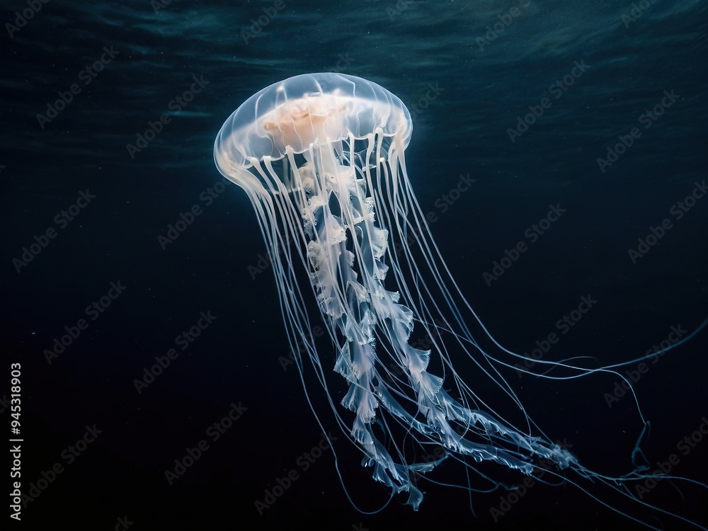 A single jellyfish with long tentacles floats in the dark blue water. A single jellyfish with long tentacles floats in the dark blue water.