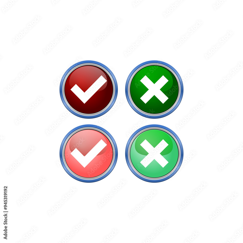 A set of four web buttons, check mark and cross in two variants icon isolated on transparent background A set of four web buttons, check mark and cross in two variants icon isolated on transparent background