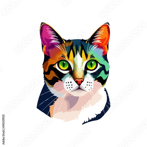 Colorful cat vector artwork on white background.  Cartoon Cat logo design. Cute Cat illustration for cat lover