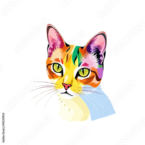 Colorful cat vector artwork on white background.  Cartoon Cat logo design. Cute Cat illustration for cat lover