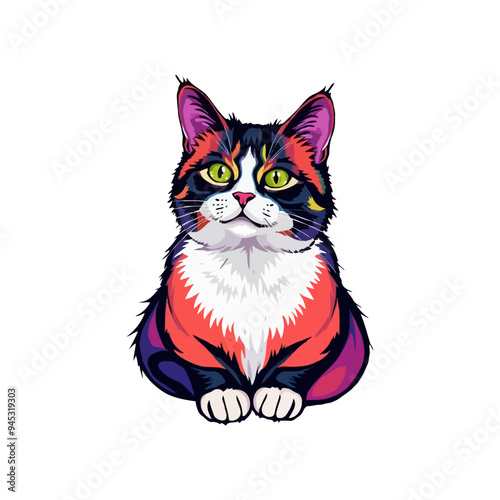 Colorful cat vector artwork on white background.  Cartoon Cat logo design. Cute Cat illustration for cat lover