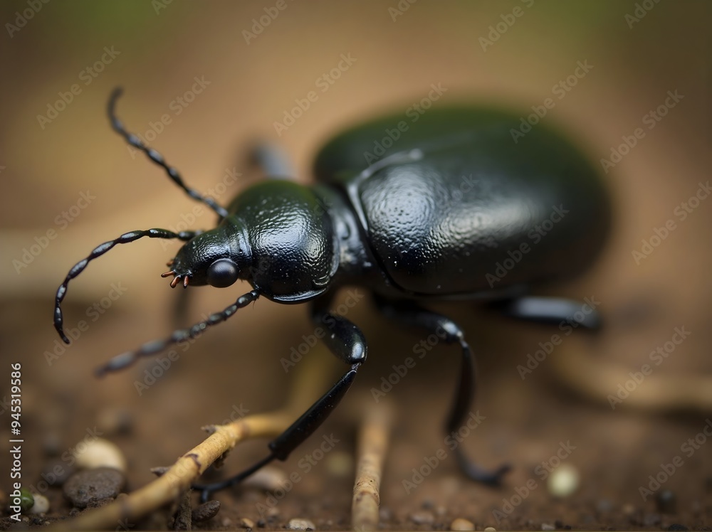 Macro shot of a black Ground Beetle on soil Macro shot of a black Ground Beetle on soil