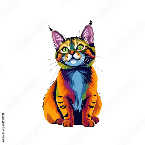 Colorful cat vector artwork on white background.  Cartoon Cat logo design. Cute Cat illustration for cat lover