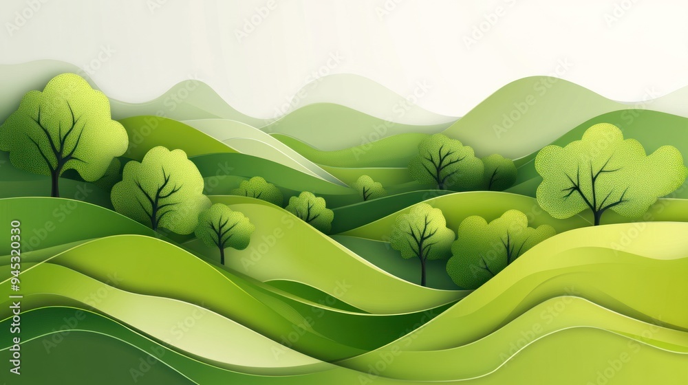Papercut Landscape With Green Hills and Trees Papercut Landscape With Green Hills and Trees