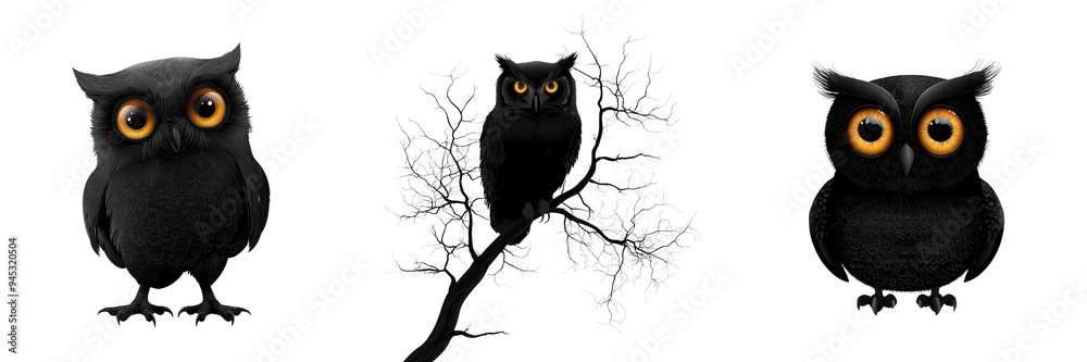 Fototapeta premium Black Owl Illustration Night Forest Bird Halloween Wildlife Nocturnal Nature Feathers Eye Beak Branch Tree Mystical