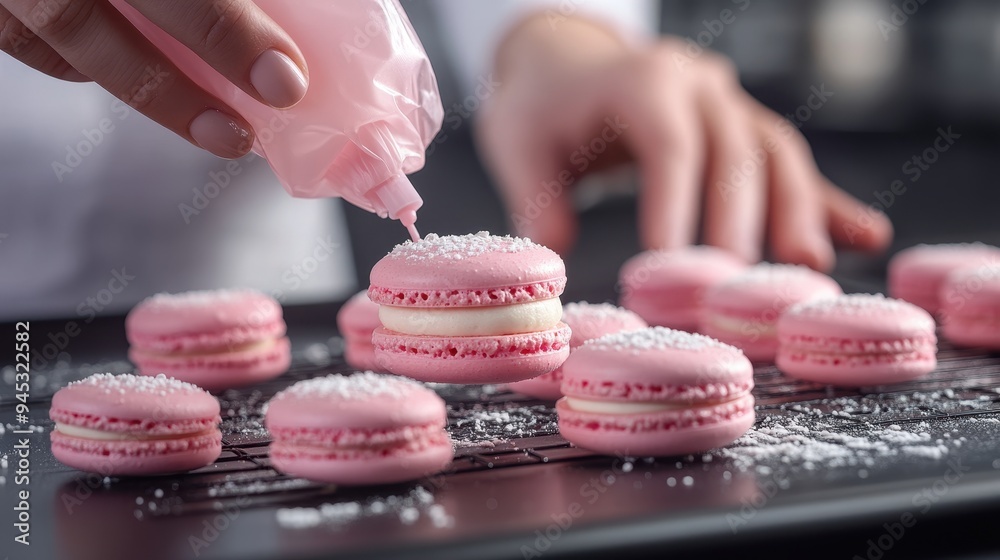 Chef hand pipe macaroon butter onto parchment paper in shape of circles,Making pink macarons,Piping out pink macaron mixture on a slip mat on backing tray,Paris Pastry,bakery and branding concept. Chef hand pipe macaroon butter onto parchment paper in shape of circles,Making pink macarons,Piping out pink macaron mixture on a slip mat on backing tray,Paris Pastry,bakery and branding concept.