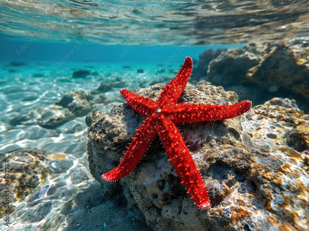 A vibrant red starfish perched on a rock in clear blue water.