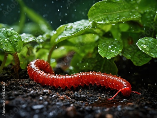 A vibrant red millipede crawls across wet soil beneath lush green foliage in the rain. photo