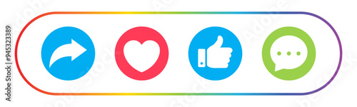 Like button, thumb up, love and heart, comment, repost and share icon button. Like, Share, comment and love heart icon buttons in color on white background. Vector illustration.