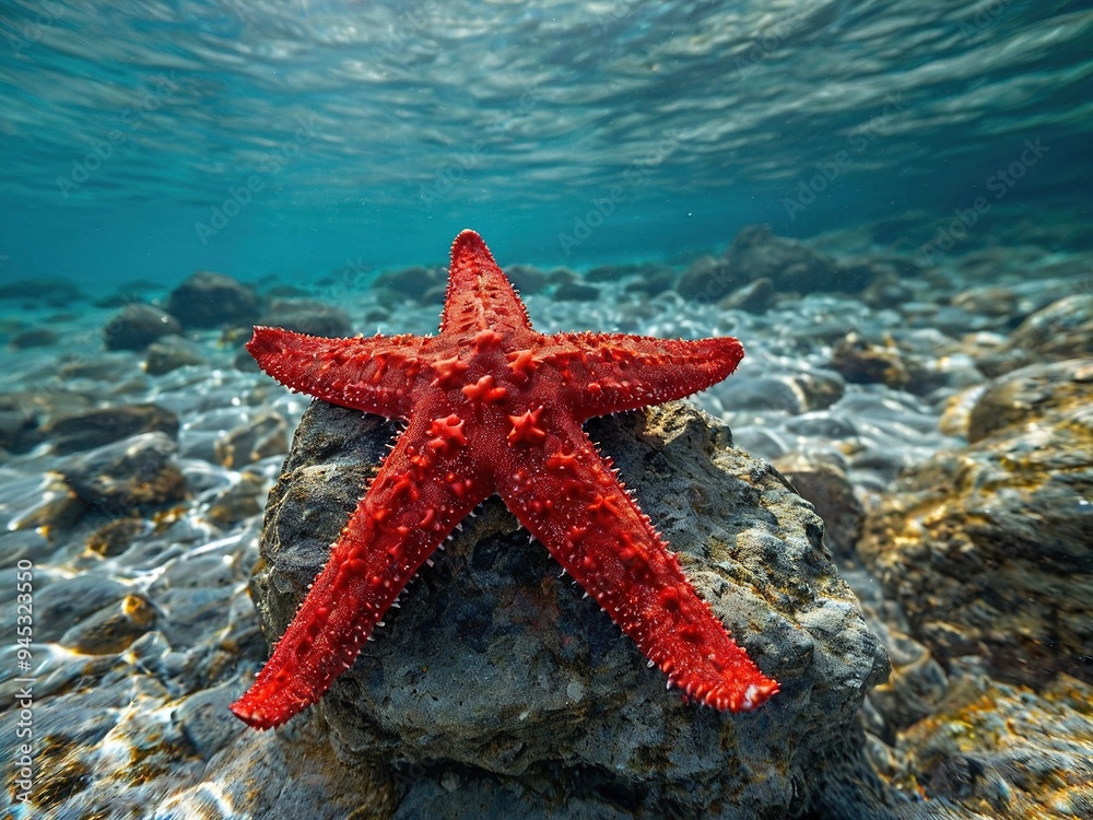 A vibrant red starfish sits on a rocky seabed, bathed in sunlight filtering through the water. A vibrant red starfish sits on a rocky seabed, bathed in sunlight filtering through the water.