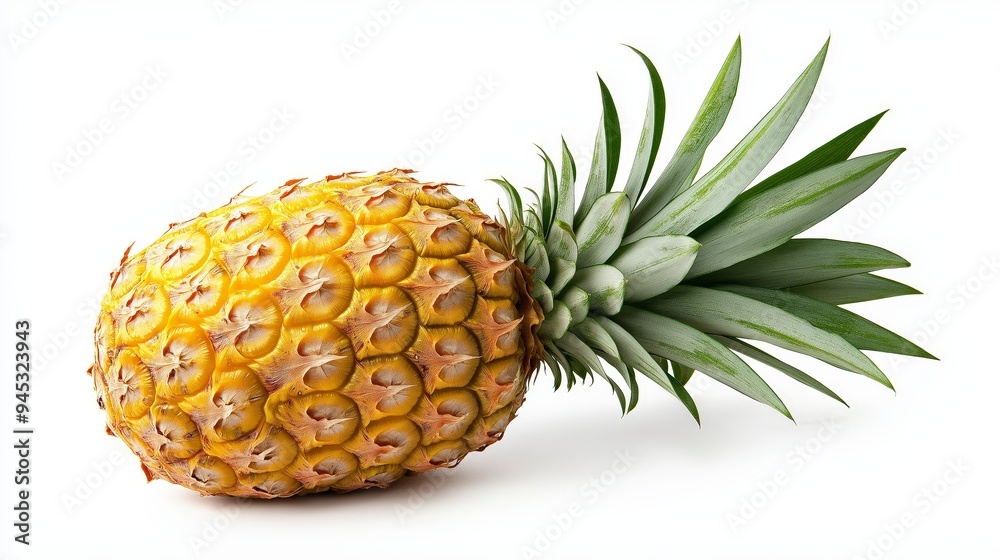 A ripe pineapple with a textured yellow exterior and green leaves on a white background. A ripe pineapple with a textured yellow exterior and green leaves on a white background.