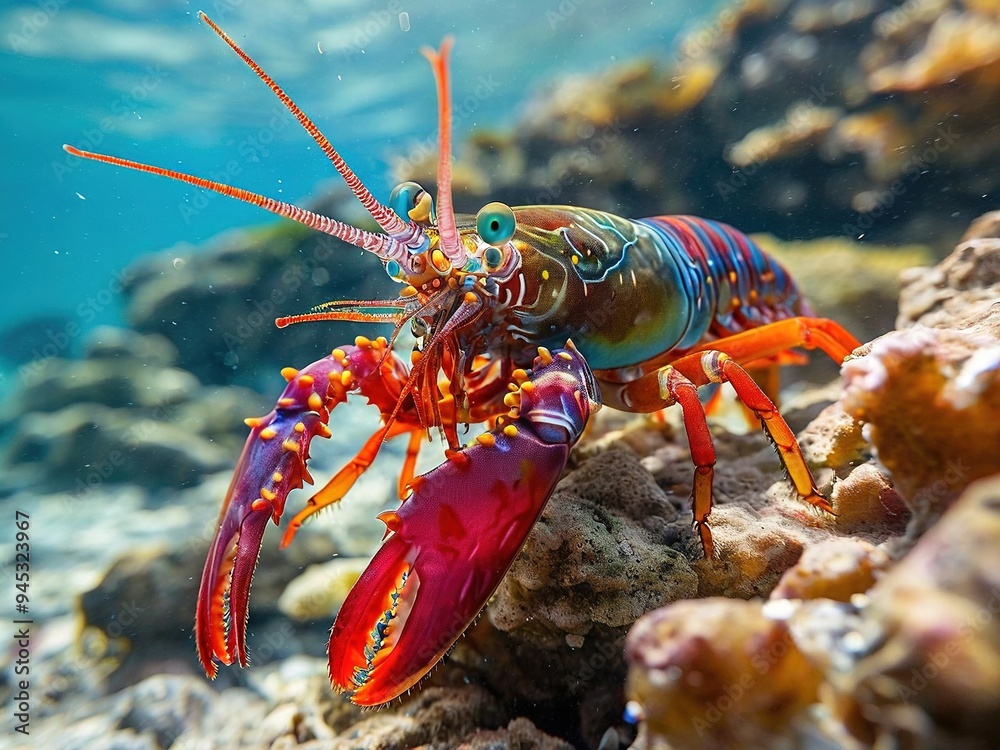 A vibrant, multi-colored spiny lobster with prominent claws, perched on a coral reef in clear blue water. A vibrant, multi-colored spiny lobster with prominent claws, perched on a coral reef in clear blue water.