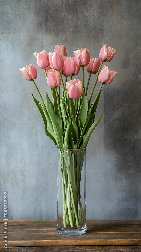 A large bouquet of pink tulips sits in a tall, cylindrical glass vase on a wooden table against a gray wall. A large bouquet of pink tulips sits in a tall, cylindrical glass vase on a wooden table against a gray wall.