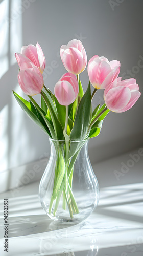 A bouquet of pink tulips sits in a clear glass vase on a marble surface, bathed in sunlight.