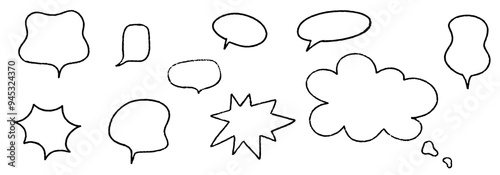 Crayon speech bubble set. Round, cloud and star frame for text. Chalk texture dialog balloon. Crayon bubble for talk and comic design. Vector illustration