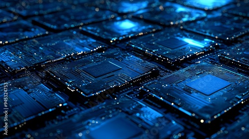 Blue CPU computer microchips in advanced technology